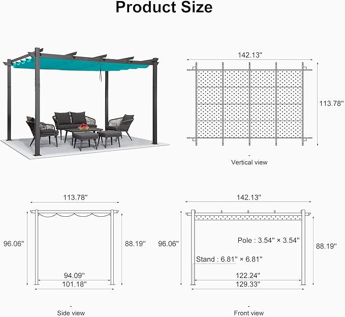 PURPLE LEAF 10' X 12' Outdoor Retractable Pergola with Sun Shade Canopy Patio Metal Shelter for Garden Porch Beach Pavilion Grill Gazebo Modern Yard Grape Trellis Pergola, Turquoise Blue