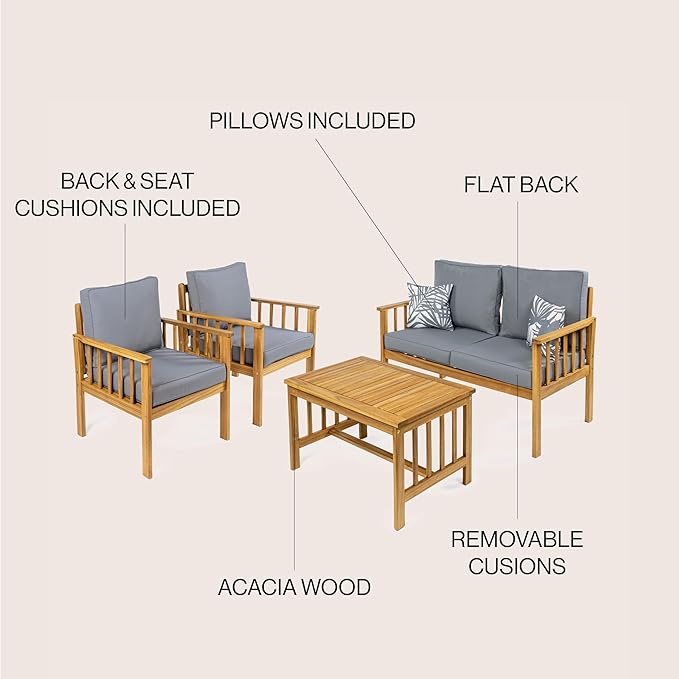 JONATHAN Y LVG1201A-4SET Everly 4-Piece Modern Cottage Acacia Wood Outdoor Patio Set with Cushions and Tropical Decorative Pillows Classic, Coastal, Traditional, Vintage, Mid-Century, Gray/Teak Brown