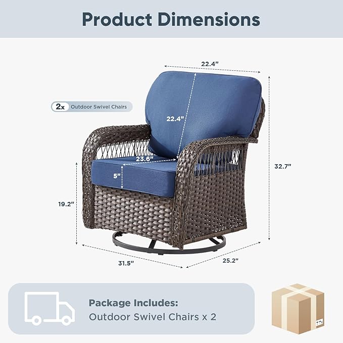 Belord Patio Chairs Set of 2, Wicker Swivel Rocker Outdoor Chairs for Deck Porch Garden, 2 Piece Luxury Patio Furniture Set,Blue