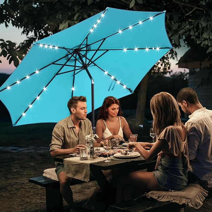 DUMOS LED Outdoor Patio Umbrella 10 FT UV-Resistant Market Umbrella with Tilt Adjustment & Crank Lift, All-Weather Shade for Backyard, Deck, Garden, Beach