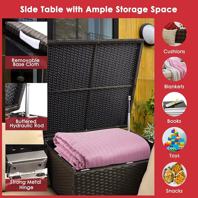 HAPPYGRILL 4 Pieces PE Rattan Wicker Conversation Set Outdoor Patio Furniture Sofa Set with Storage Box and Tempered Glass Coffee Table for Backyard Garden Porch