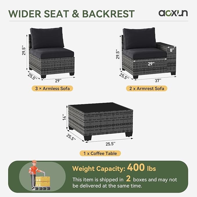 Aoxun Patio Furniture Set, 6 Pcs Outdoor Patio Furniture Sets with 4in Thicken Cushion, Widen Armrests Wicker Outdoor Sectional for Backyard