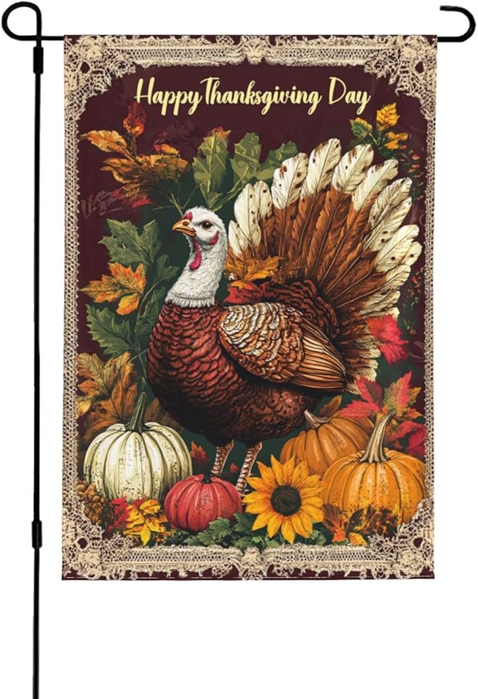 Thanksgiving Day Garden Flag 12x18 Inch Double Sided All-Weather Polyester Outdoor Flag For Patio Lawn Yard And Garden Welcome Decor