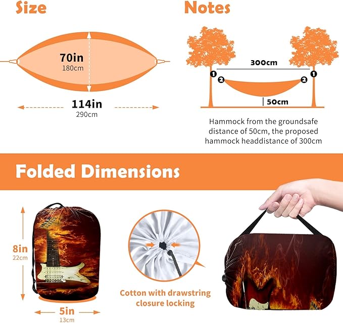 Outdoor Camping Hammock Electric Guitar in Flames Burning Fire Double & Single Hammocks with 2 Tree Straps Portable Heavy Duty Nylon Hammocks for Backpacking, Travel, Beach, Backyard, Patio, Hiking