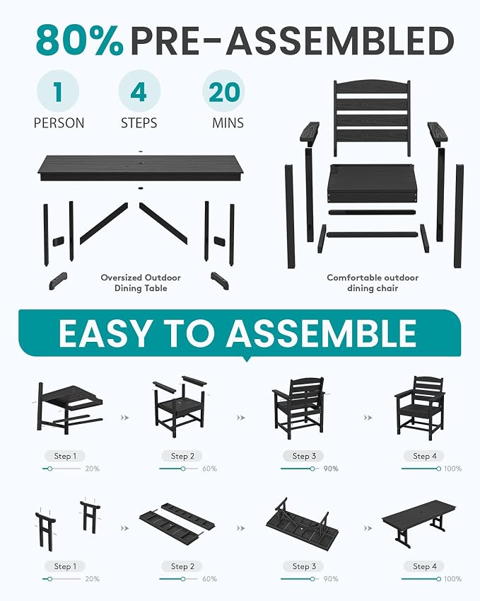SERWALL 10 Piece Outdoor Dining Set with 15ft Triple-Head Foldable Umbrella(Based not Included), 84" HDPE Outdoor Table and Chairs for 8, Black