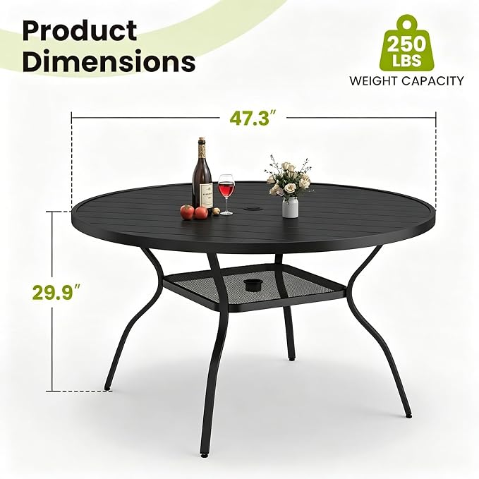 47.3 Inch Outdoor Dining Table for 6 – E-Coating Metal Round Patio Table with Adjustable 1.57" Umbrella Hole, All-Weather Table for Porch, Garden, Backyard, Poolside, Lawn