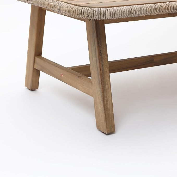 LuxenHome 47" Outdoor Coffee Table for Patio, Acacia Wood Patio Table with Woven Trim, Rectangular Outdoor Table for Patio, Balcony, and Porch