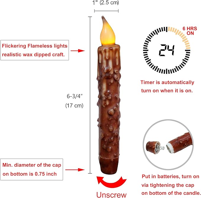 CVHOMEDECO. Real Wax Hand Dipped Battery Operated LED Timer Taper Candles Rustic Primitive Flameless Lights Décor, 6-3/4 Inch, Coffee, 6 PCS in a Package