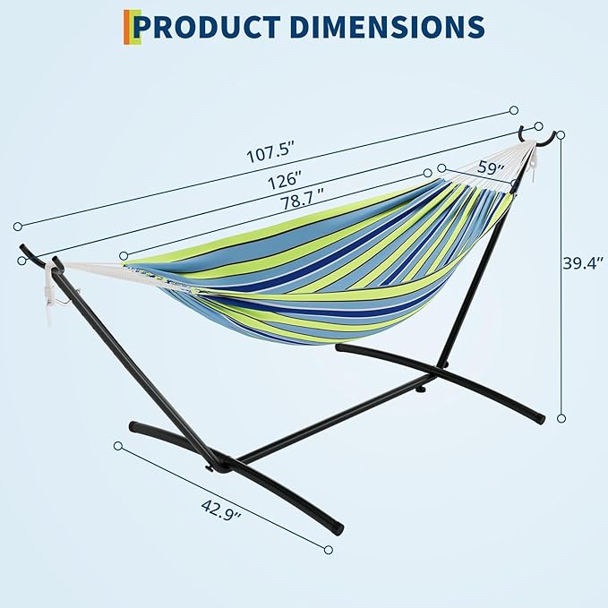 Hammock with Stand, 2-Person Outdoor Portable Hammock with Carrying Bag & Adjustable Frame, Heavys Duty 450lb Capacity, for Beach Camping Backyard Patio