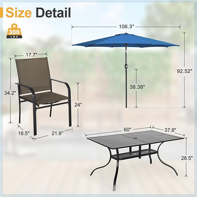 Crownland 7 Piece Patio Dining Set, Outdoor Textilene Dining Sets, 6 Textilene Metal Chairs and Rectangular Outdoor Dining Table with Dark Blue 9FT Round Outdoor Umbrella (Brown)