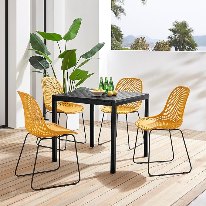 Plastic Outdoor Dining Table with Metal Legs, Weather Resistance, Home Patio Table, Restaraunt Outdoor Table, Quick Assembly (Black)