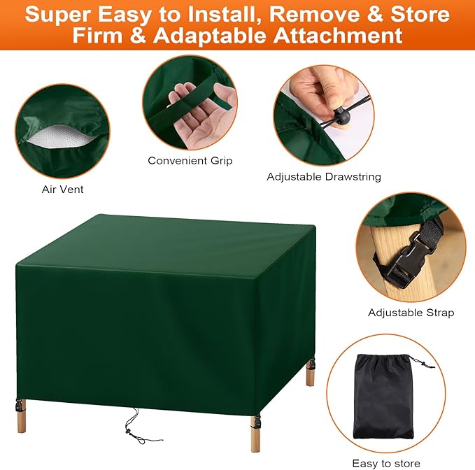 Patio Furniture Cover Rectangle 80"(L) x 48"(W) x 32"(H), Custom Heavy Duty 420D Waterproof Outdoor Cover with Drawstring & Buckles for Table Chair Garden, Green