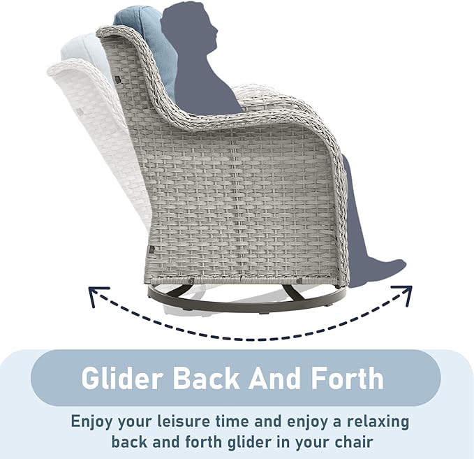 Outdoor Swivel Rocker Patio Chairs-Wicker Patio Swivel Chairs Set of 2 with Side Table PE Rattan Patio Furniture Set for Porch Deck Balcony Garden-Light Grey/Light Blue