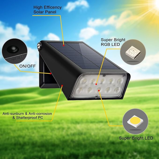 Solar Outdoor Lights for Father's Day Mother's Day 4th of July Decor, RGBW Color Changing Dusk to Dawn Solar Fence Patio Lights, 90° Adjust LED Garden Lights for Backyard Decor, 8-Pack