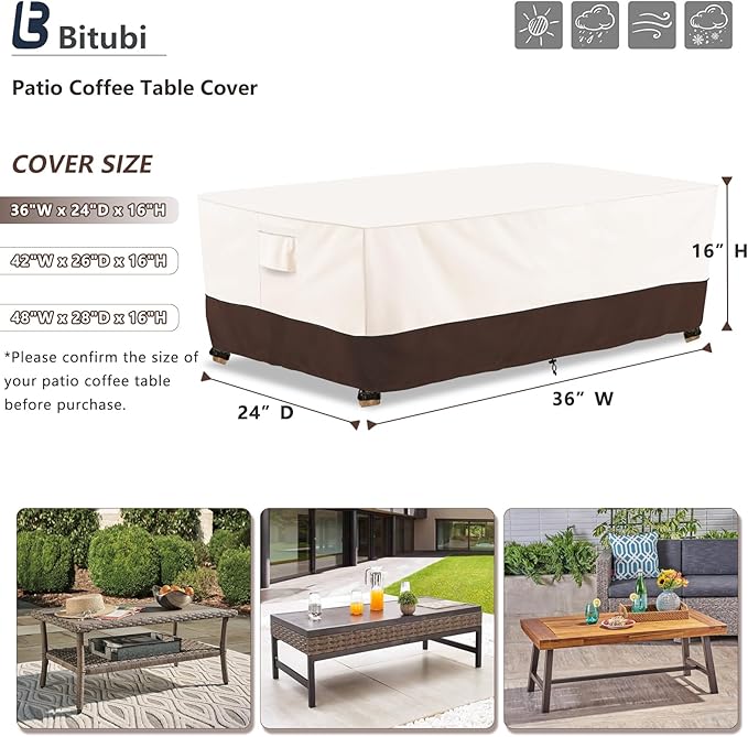 Bitubi Waterproof Patio Coffee Table Cover, Rectangular Outdoor Small Side Table Cover - Fits up to 36L x 24W x 16H inches, Brown