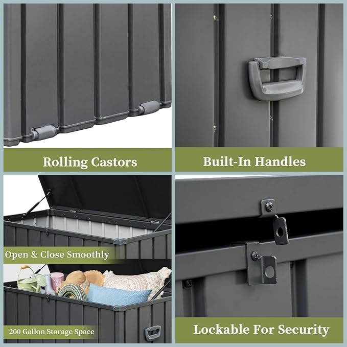 ChicFurnit Outdoor Storage Box, 200 Gallon Deck Box with Lockable Metal Lid & Portable Side Handles, Outdoor Storage Bin with Stable Support Rod, Soft Close Mechanism & Mobility Rollers, Dark Gray