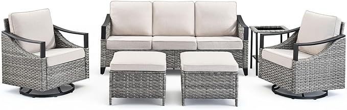 6 Piece Outdoor Patio Furniture Sets-High Back Wicker Swivel Rocker Patio Chairs Set of 2 with Thick Cushions Ottomans, Outdoor Sofa, Patio Conversation Sets for Porch Balcony Patio Deck Grey/Beige