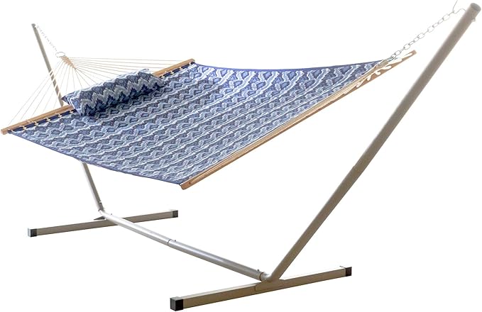 Castaway Living Large 2-Person Quilted Hammock with Stand & Pillow – Ikat, 10 ft. L x 52 in. W, 350 lb Capacity, Weather-Resistant Polyester, Portable Space-Saving Frame