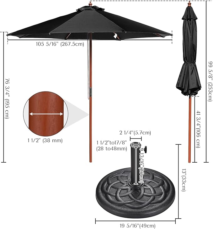 Yescom 9ft Coastal Solid Wood Umbrella Pulley Lift Commercial Base with Wheel Included for Seaside Restaurant Terrace Poolside Beach Club