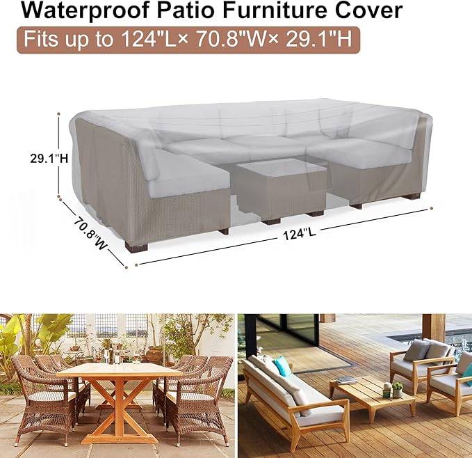 Patio Furniture Set Cover Waterproof, Mrrihand Outdoor Sectional Sofa Set Cover Heavy Duty 600D Table and Chair Set Cover 124" L× 70.8" W× 29.1" H