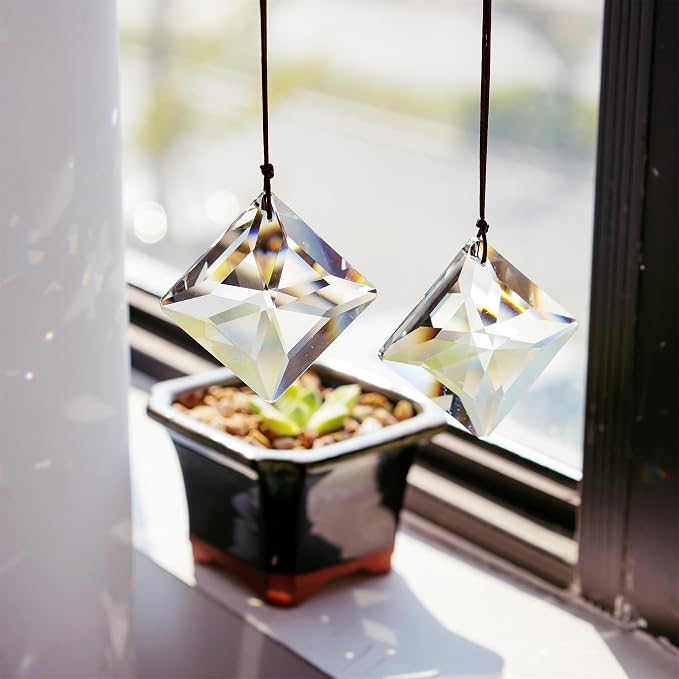 2PCS 50mm Clear Crystal Sun Catcher Prisms Rainbow Maker Suncatcher Hanging | Light Catcher for Windows, Balcony, Kitchen, Garden, Glass Ornaments For Christmas Tree