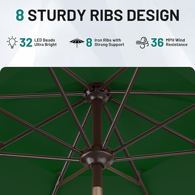 AreShark 9ft 2 Tiers Patio Umbrella with Solar Lights, Outdoor Umbrella w/ 32 LED Lights&8 Sturdy Ribs, Table Umbrella for Deck, Backyard, Pool(Dark Green)