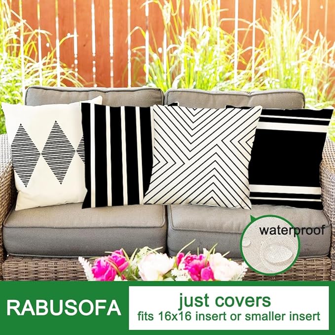 RABUSOFA Outdoor Pillows Waterproof,16x16 inch Black and White Boho Set of 4 for Patio Furniture,Sunbrella Outdoor Cushion Covers(no Insert)