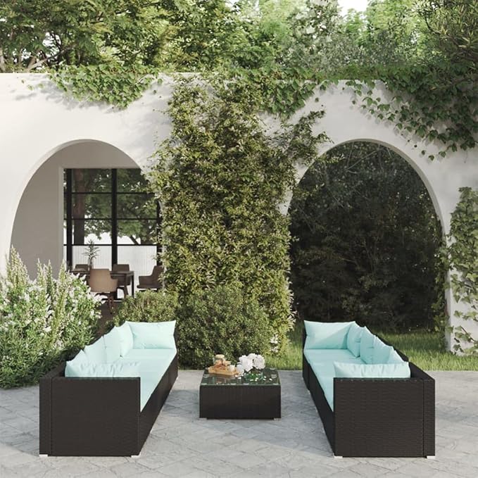 9 Piece Patio Lounge Set with Cushion, Furniture Conversation Sets Outdoor Patio Sectional Patio Lounge Set Piece Patio Set s Poly Rattan Black