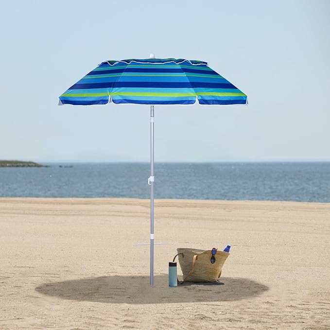 6.5ft Beach Umbrella with Tilt Pole, Portable Sand Anchor and Carry Bag, UPF 50+ Sun Shelter Air Vents, Perfect for Beach, Camping, Sports, Pool,Gardens and Balcony,CH-1503 Blue Multi Stripe