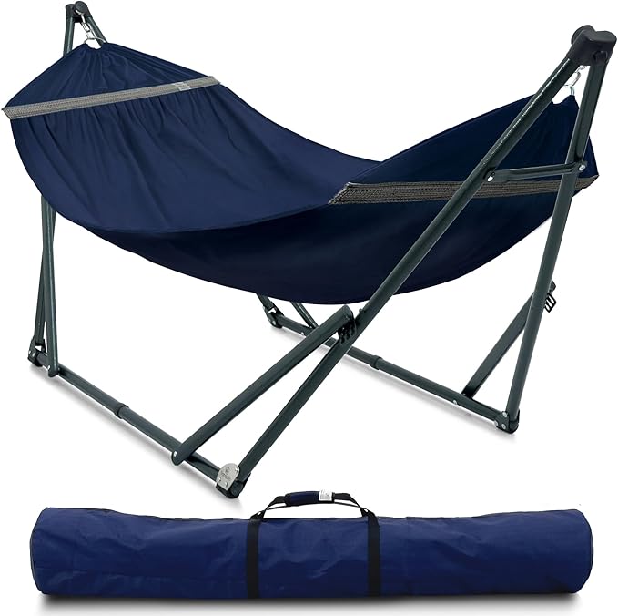 Tranquillo Ultimate Relaxation Portable Hammock Stand with Cotton Canvas Net, Spreader Bar, Quick Fold Unfold in 30 Seconds Steel Frame Hammock 600 lbs Capacity Outdoor, Navy
