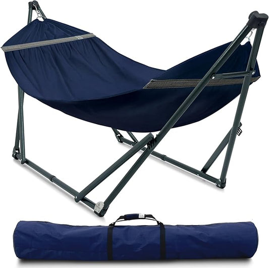 Tranquillo Ultimate Relaxation Portable Hammock Stand with Cotton Canvas Net, Spreader Bar, Quick Fold Unfold in 30 Seconds Steel Frame Hammock 600 lbs Capacity Outdoor, Navy