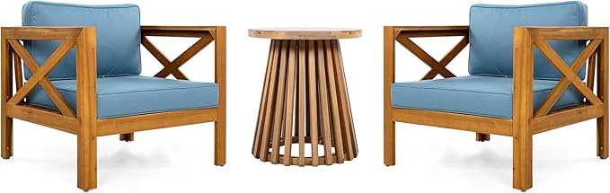 Christopher Knight Home Lucy Acacia Wood Outdoor Patio Furniture Set, 3 Pieces Patio Set, Round Side Table and ArmChairs Conversation Set with Cushion for Garden Lawn Balcony, Blue + Light Teak