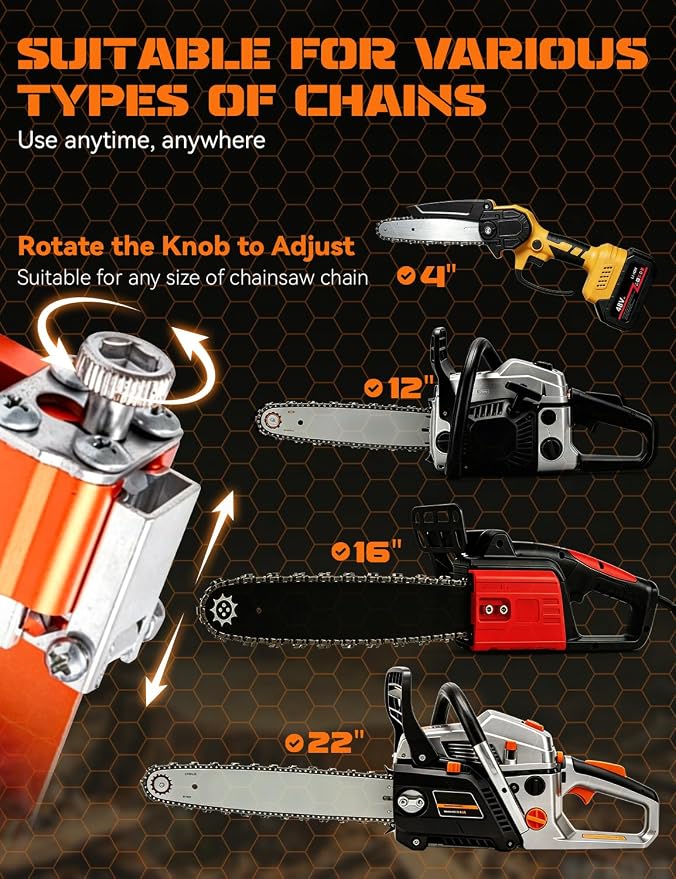 Chainsaw Sharpener Tool, Hand Crank Chain Saw Sharpener with 30° Angle Guide & Adjustable Clamp, Portable Chainsaw Kit for 4-22" Chains Gas & Electric Chainsaws (Orange-Big+5 Head)