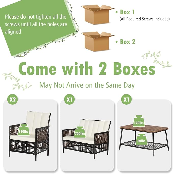 Tangkula 4 Pieces Patio Furniture Set, Outdoor PE Wicker Conversation Set with 2-Tier Coffee Table, Acacia Wood Tabletop & Extra Storage Shelf, Outdoor Furniture Sofa Set w/Cushions (1, Off White)
