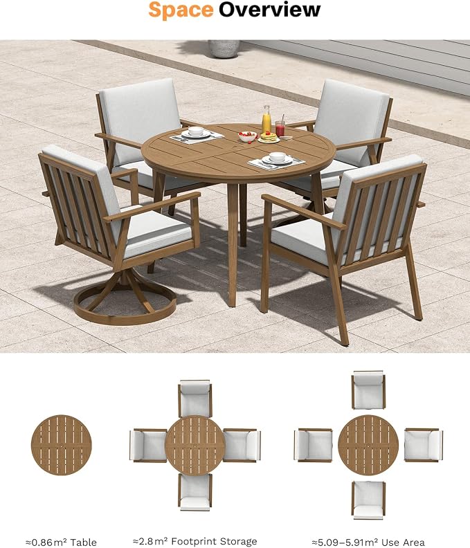 5-Piece Round Outdoor Dining Set, Never-Rust Aluminum Outdoor Table and Chairs Set, 41" Round Dining Table with 2 Swivel Dining Chairs, Modern Patio Dining Set for Garden, Deck, Yard, Teak