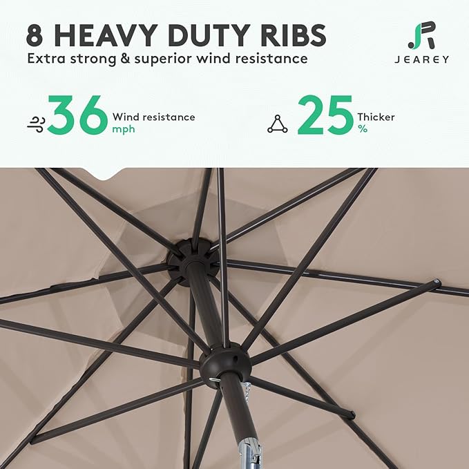 JEAREY 9FT Outdoor Patio Umbrella Outdoor Table Umbrella with Push Button Tilt and Crank, Market Umbrella 8 Sturdy Ribs UV Protection Waterproof for Pool, Garden (Tan)