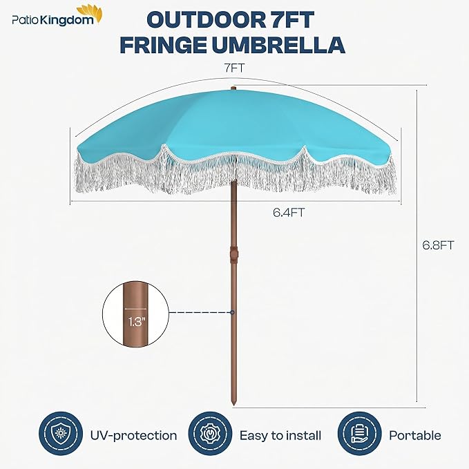 7ft Patio Umbrella with Fringe, Boho Beach Umbrellas, Outdoor Tassels Umbrellas with Push Button Tilt & Carrying Bag, 8 Windproof Fiberglass Ribs, UPF50+