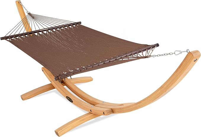 Lazy Daze Hammocks 2 Person Caribbean Rope Hammock with Wood Stand, 10.5FT Polyester Hammock with Spreader Bars, 13FT Heavy Duty Stand Combo, 450 LBS Capacity for Outdoor Backyard Poolside, Browm