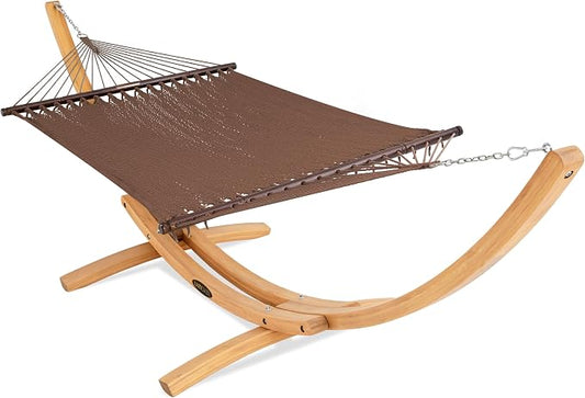 Lazy Daze Hammocks 2 Person Caribbean Rope Hammock with Wood Stand, 10.5FT Polyester Hammock with Spreader Bars, 13FT Heavy Duty Stand Combo, 450 LBS Capacity for Outdoor Backyard Poolside, Browm