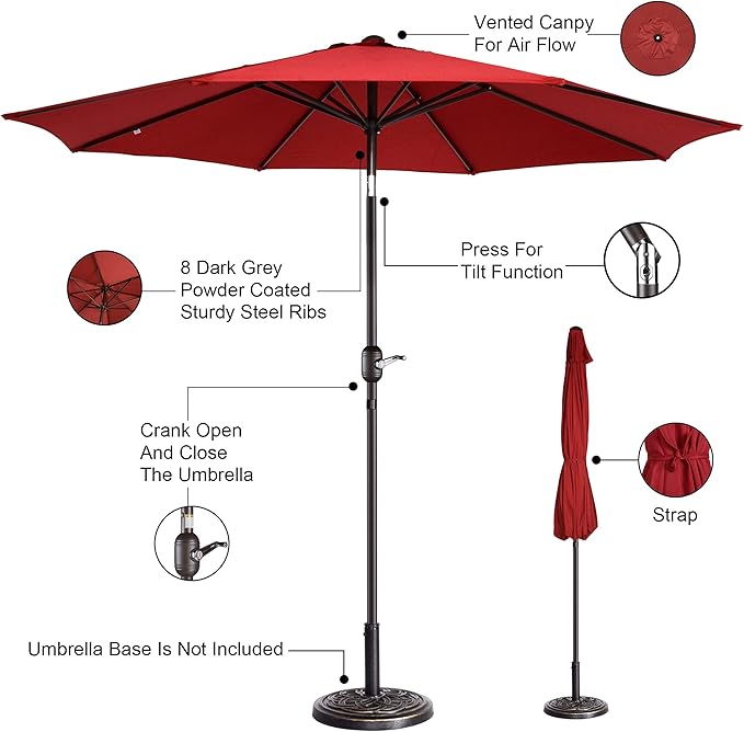 Pure Garden 9' Outdoor Patio Umbrella with 8 Ribs, Aluminum Pole and Push Button Tilt, Fade Resistant Market Umbrella (Red)