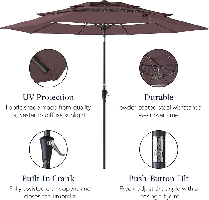 Best Choice Products 10ft 3-Tier Market Patio Umbrella, Outdoor Sun Shade with Tilt, Crank Lift, 8 Ribs for Backyard, Deck, Poolside