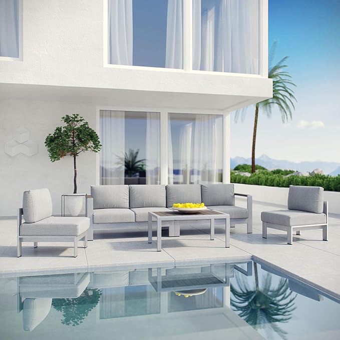 Modway Shore 5-Piece Aluminum Outdoor Patio Sectional Sofa Set in Silver Gray