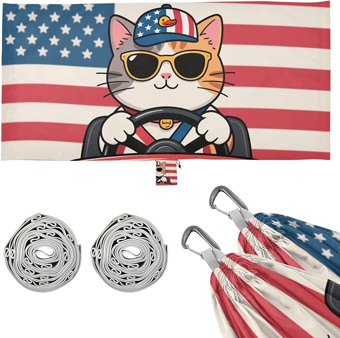 Cartoon Cute Yellow Cat 4th of July Independence Day 330lb Capacity Outdoor Hammock with Hanging Rope Cloth Hammock for Outside Patio Backyard Poolside hamaca de Algodon para Jardin