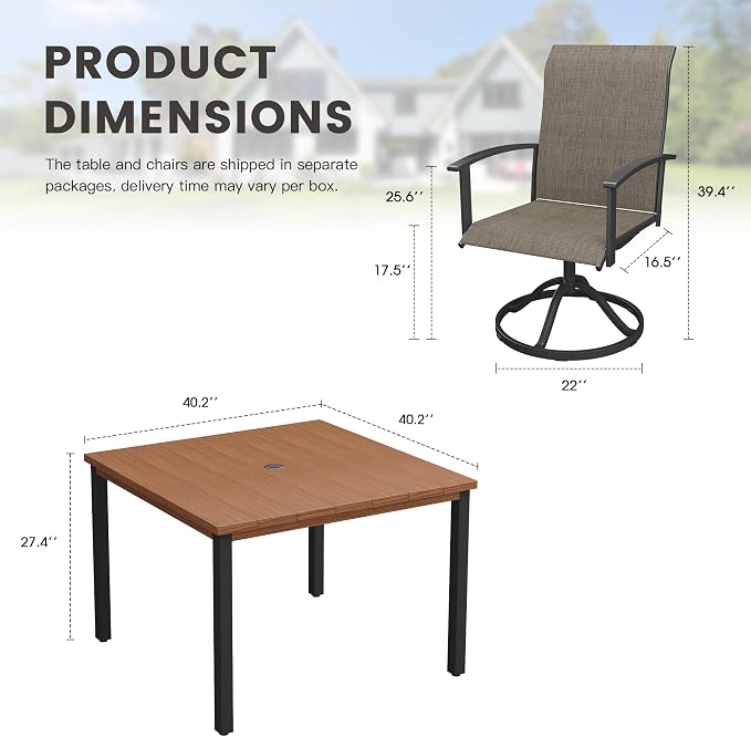 5 Pieces Patio Dining Set, Outdoor Furniture of 40.2" Square Patio Table and Patio Swivel Chairs for Backyard Lawn Garden, Walnut Table and Mixed Brown Chairs