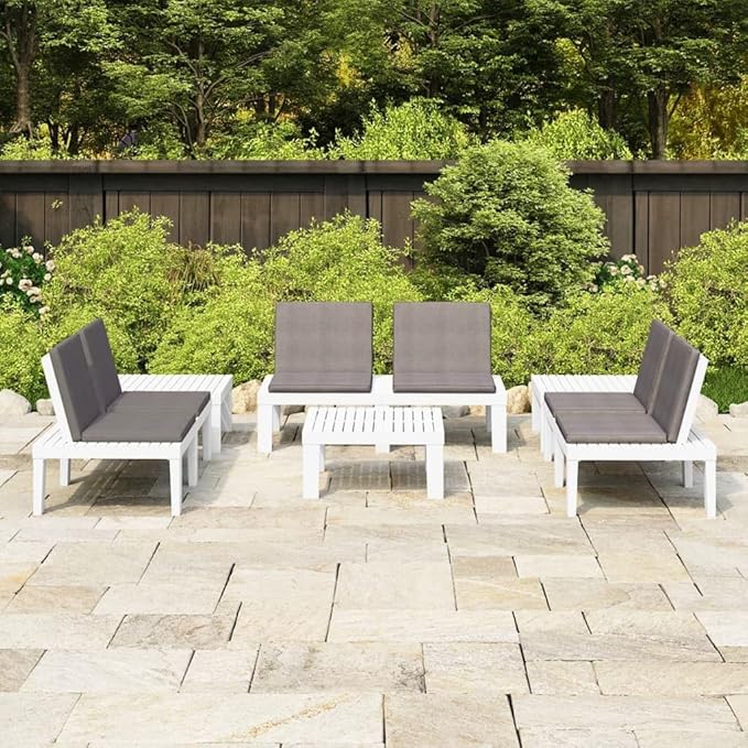 vidaXL Patio Furniture Set 6 Piece, Patio Conversation Set with Cushions, Outdoor Bench Chair with Coffee Table for Garden, Modern, Plastic White