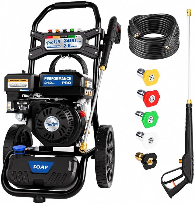 TOOLCY 3400 PSI Gas Pressure Washer, 2.8 GPM Gas Power Washer with 212cc OHV Engine, 30 FT Pressure Hose, Axial Cam Pump, Spray Gun with Extension Wand for Driveways, Patios Outdoor Cleaning
