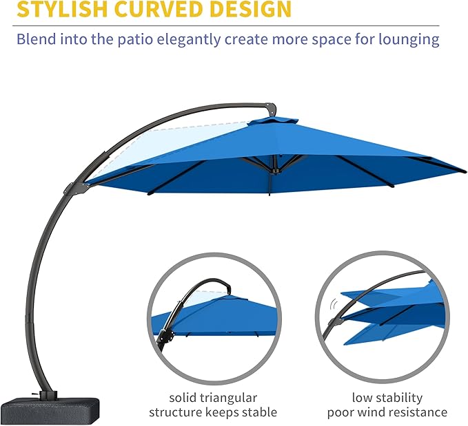 Kingdura 12ft Offset Cantilever Patio Umbrella with Base Included, Large Round Aluminum Outdoor Umbrella, 360° Rotation & Infinite Tilt, Heavy Duty Frame for Deck Pool Backyard, Royal blue