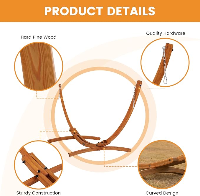 Lazy Daze Hammocks Cotton Fabric Spreader Bar Hammock and 10.5 Ft Wood Arc Hammock Stand Combo, for Indoor, Outdoor, Patio, Backyard, Blue and White