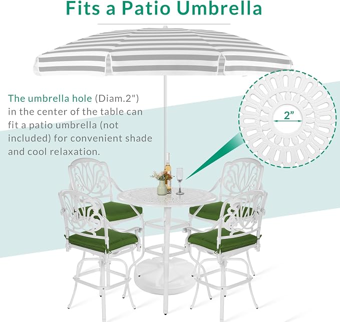 VIVIJASON 35.4" Patio Height Bar Table, All-Weather Cast Aluminum Bar Bistro Table Outdoor Patio Round Dining Table with Umbrella Hole for Balcony, Lawn, Garden, Backyard, White