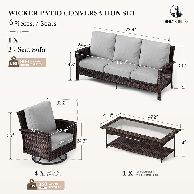 HERA'S HOUSE Patio Furniture Set with High Back Swivel Chairs, Comfy Outdoor Wicker Conversation Sofa Sets with 5.5" Thick Cushions for Deck Lawn Backyard, Gray